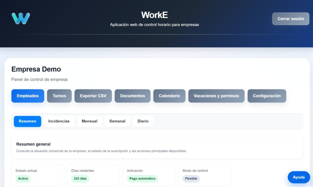 panel de control horario para pymes en WorkE