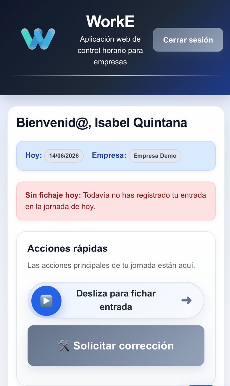 Fichaje móvil de entrada desde el panel del trabajador en WorkE