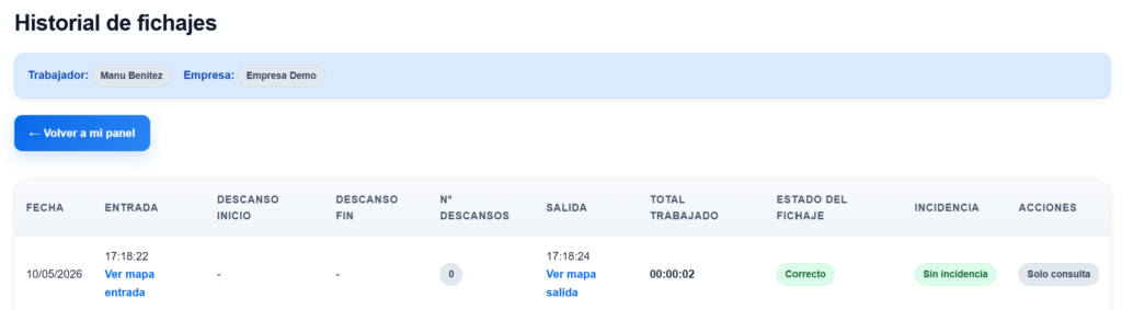 Historial de fichajes de un trabajador en WorkE